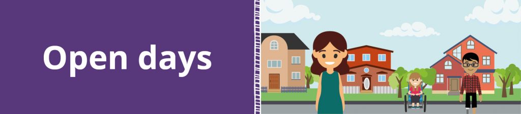 Cartoon banner saying open day.