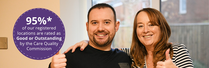 Banner image of person we support and support worker. Text reads 95% of our services are rated good or outstanding by the CQC