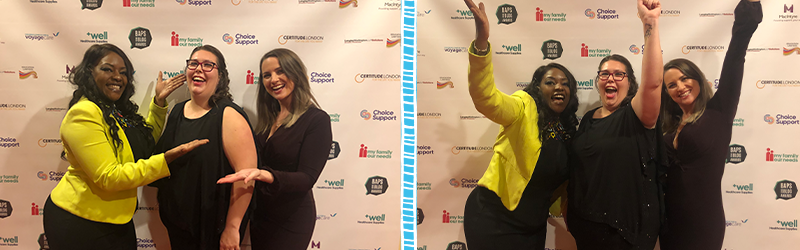 Yvonne in yellow (left), Kerry-Ann in black (centre) and Gemma in black (right) at the 2021 BAPs awards.White background with logos on.Two images. One on left is of the three ladies smiling ass Yvonne and Gemma gesture to Kerry-Ann.One on right is all three cheering with arms in the air.A blue ladder frame down the centre separates the two images.