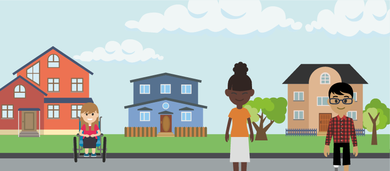Illustration of a landscape containing three houses and trees in the background. There are clouds in the sky. In front of the houses are three people. One in a wheelchair on the left, One in the centre with autism, and one on the right with a physical need.