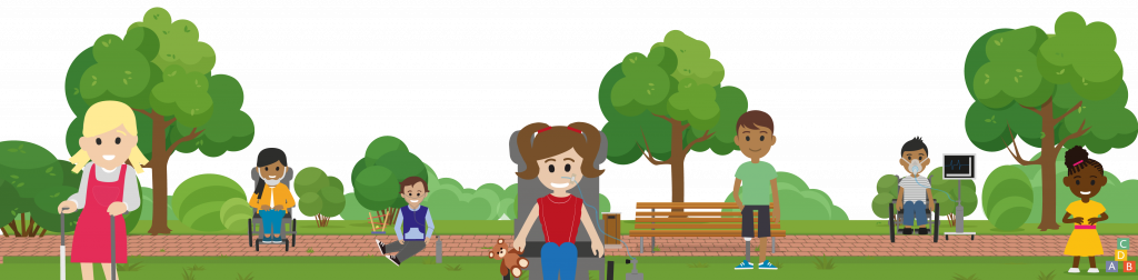 Image of a park with a bench and trees. Scattered about are children and young people with varying complex care needs.