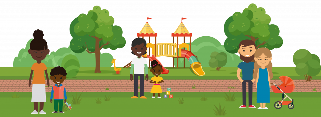 Illustrated park background with climbing set and parents with children scattered around.Front left is a mum with her little boy who has a tracheostomy on his neck who is holding a train.In the centre is a dad with his little girl who has lettered blocks next to her.On the right is a mum and dad standing next to a pram.