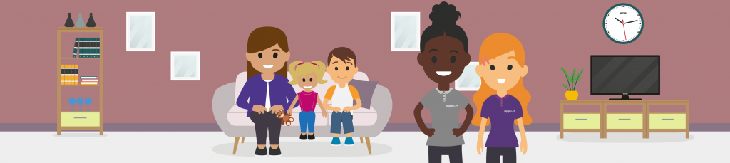 Illustration of a parent sitting on a sofa with her daughter, centre, and her son, right. Two healthcare assistants are standing to the right of them in the forefront wearing children's complex care tops. The background is a living room.