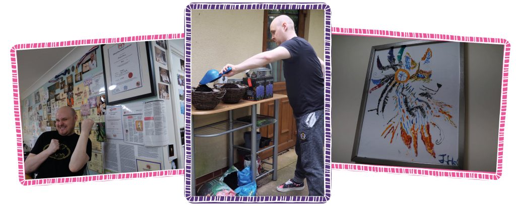 Three images. Two images with Jason in and one with his artwork.