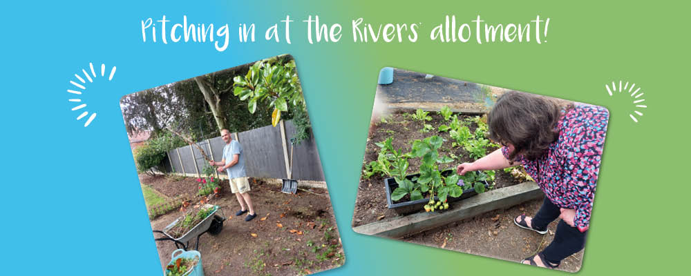 Photographs of people we support in their allotment at Rivers. Text reads: "pitching in at the Rivers' allotment!"