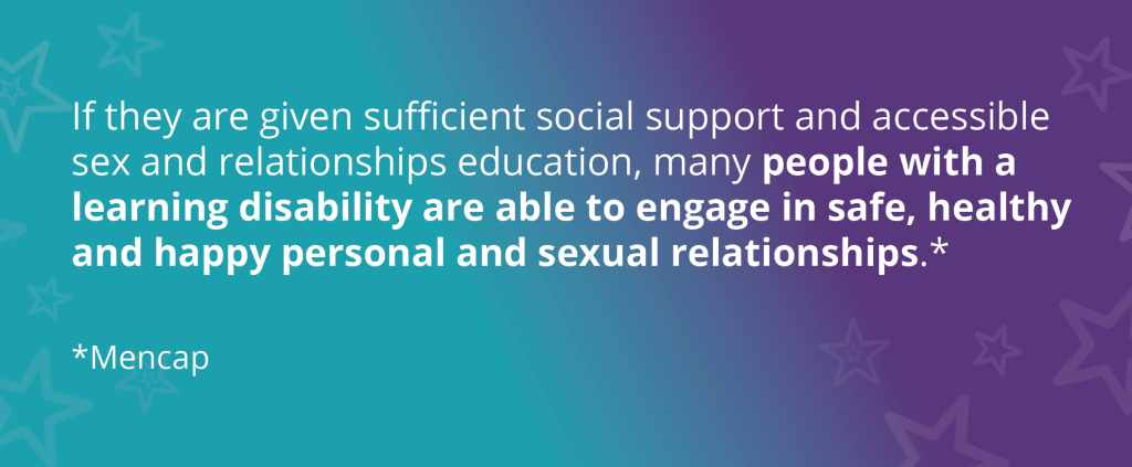 Purple and teal background with quote reading "If they are given sufficient social support and accessible sex and relationships education, many people with a learning disability are able to engage in safe, healthy and happy personal and sexual relationships -Mencap"