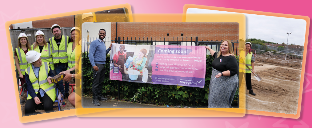 A collage of three photographs from our bricklaying ceremony at Lorenzo Drive, Liverpool. The front photo shows Operations Director Vicki Bennett and Director Michael Chawatama outside the front of Lorenzo Drive, holding up a banner that says "coming soon!". 