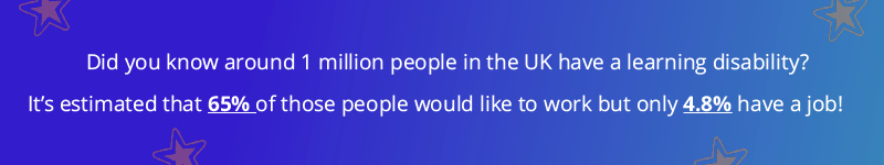 A quote on a teal and purple background with orange stars saying "Did you know around 1 million people in the UK have a learning disability? It’s estimated that 65% of those people would like to work but only 4.8% have a job!"
