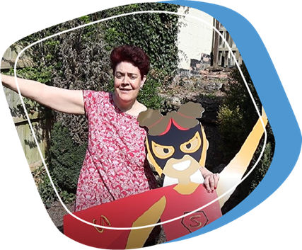 A photo of Alex, a person we support at Ashby Road, with our new sustainability sidekick, Super Shopper!